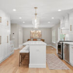 White painted kitchen with island seating