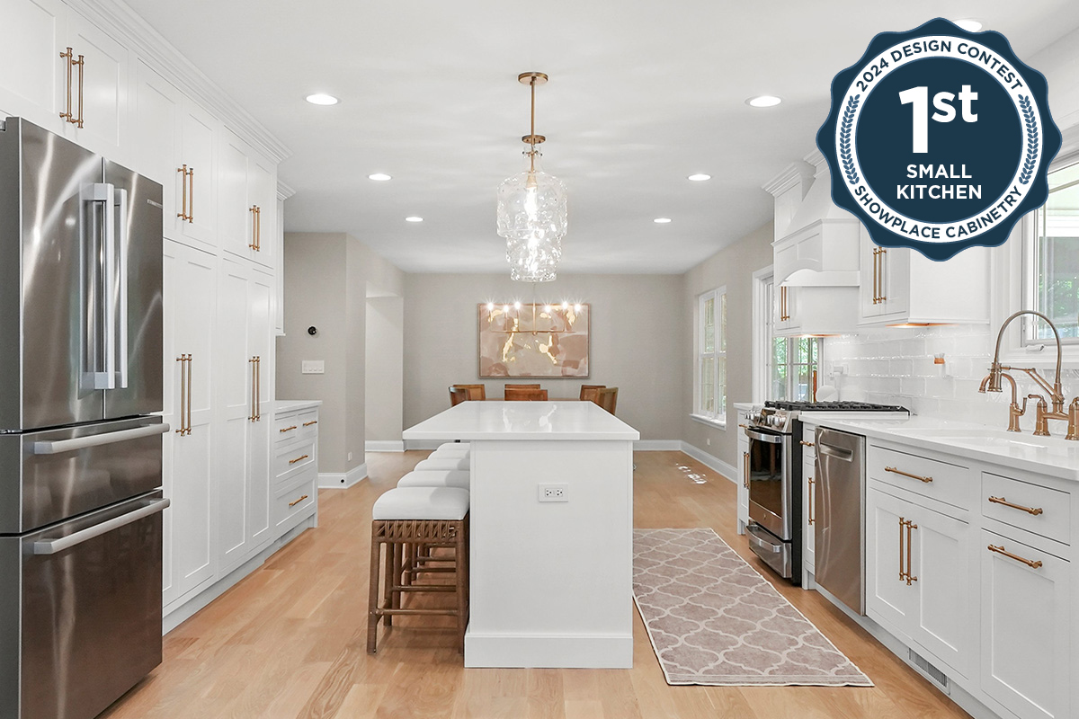 White painted kitchen with island seating