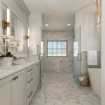 Painted bathroom vanity and shower with clear glass walls