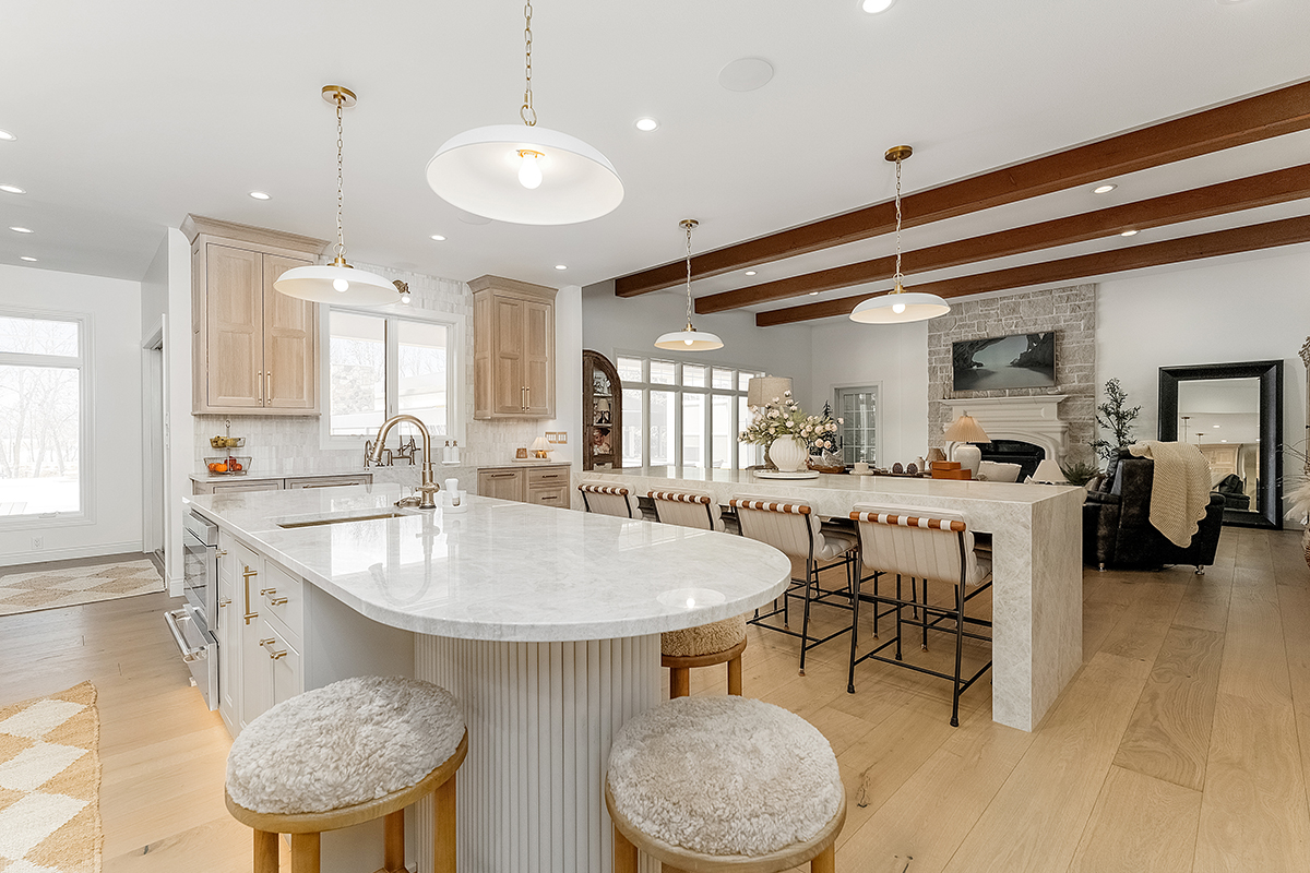 Kitchen and double islands with stained and painted cabinets