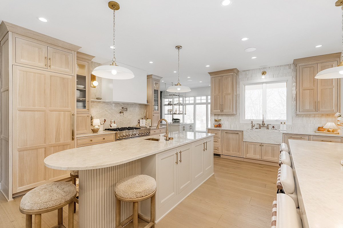 Kitchen and double islands with stained and painted cabinets