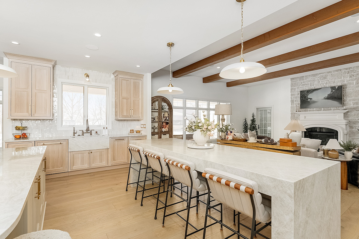 Kitchen and double islands with stained and painted cabinets