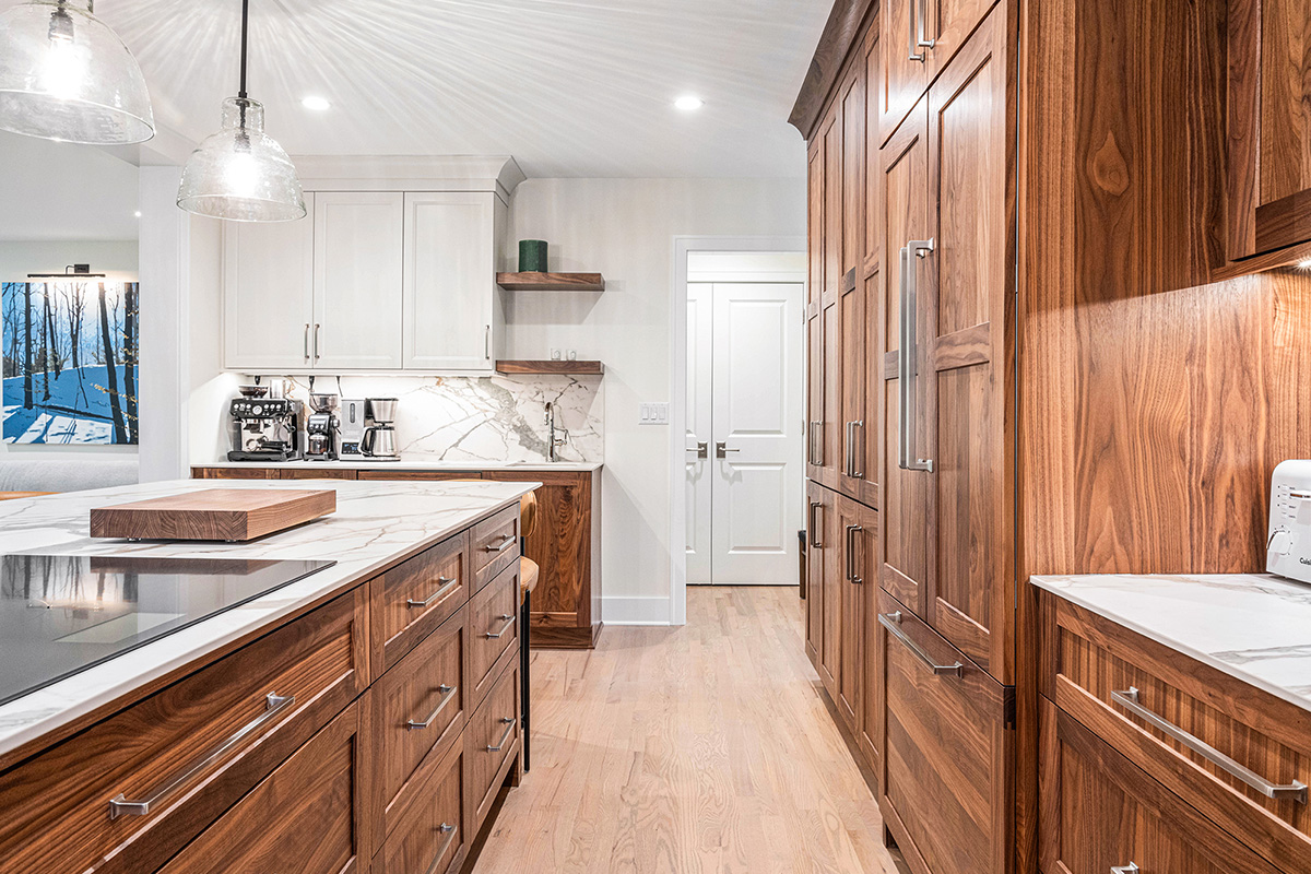 Walnut Natural Kitchen with white upper cabinets