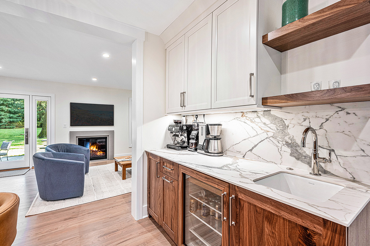 Walnut Natural Kitchen with upper white cabinets