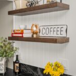 Floating stained shelves displaying items