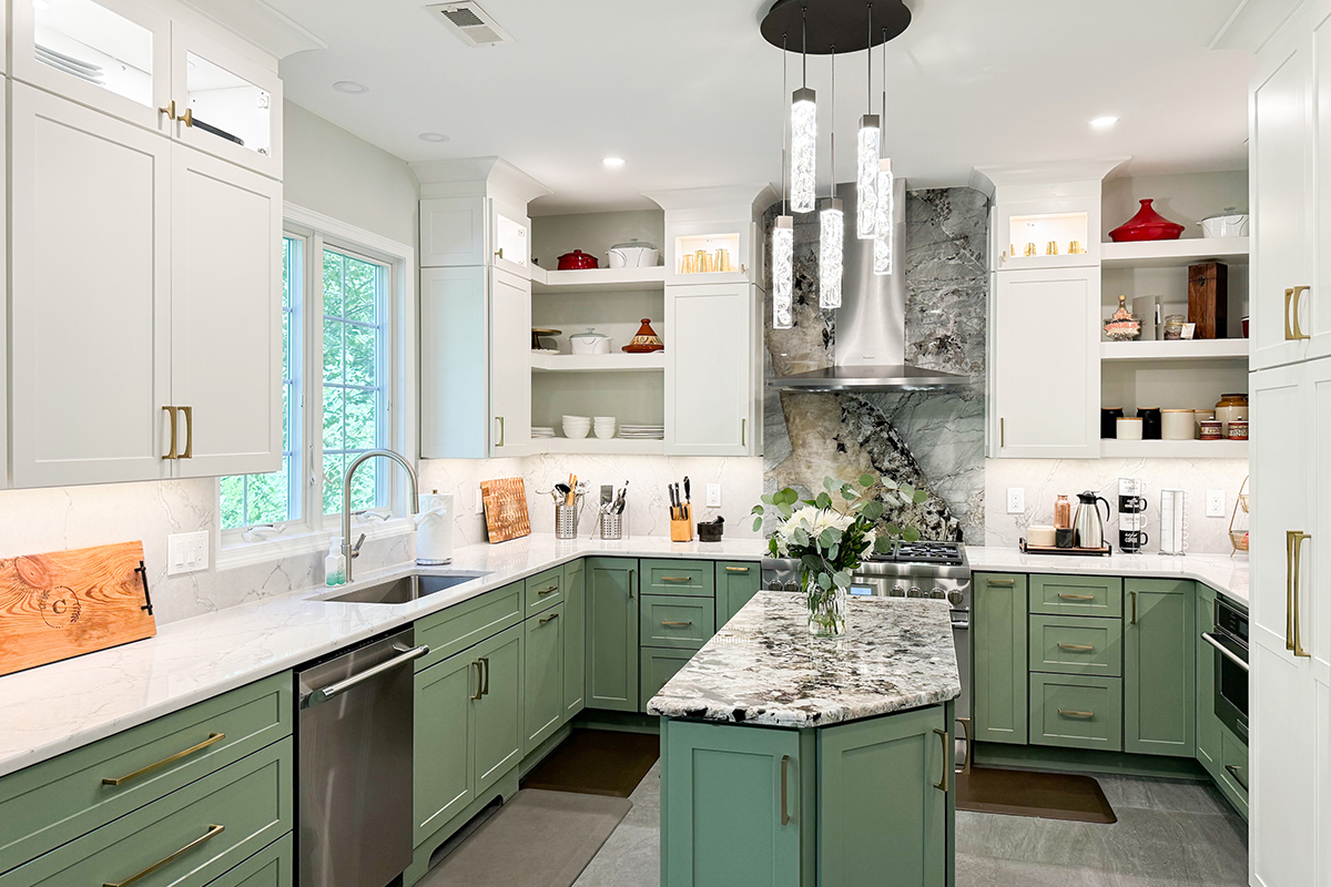 Painted kitchen cabinets in green bases and white wall cabinets