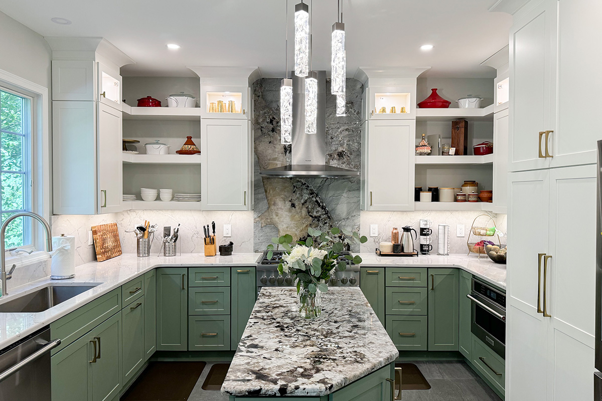 Painted kitchen cabinets in green bases and white wall cabinets