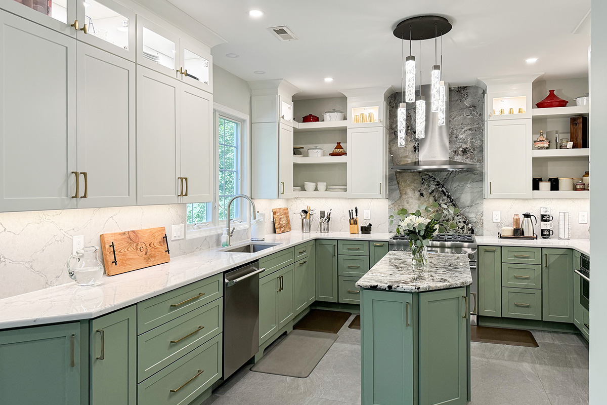 Painted kitchen cabinets in green bases and white wall cabinets