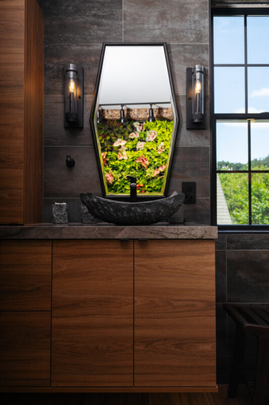 Contemporary bathroom with stained slab door vanity