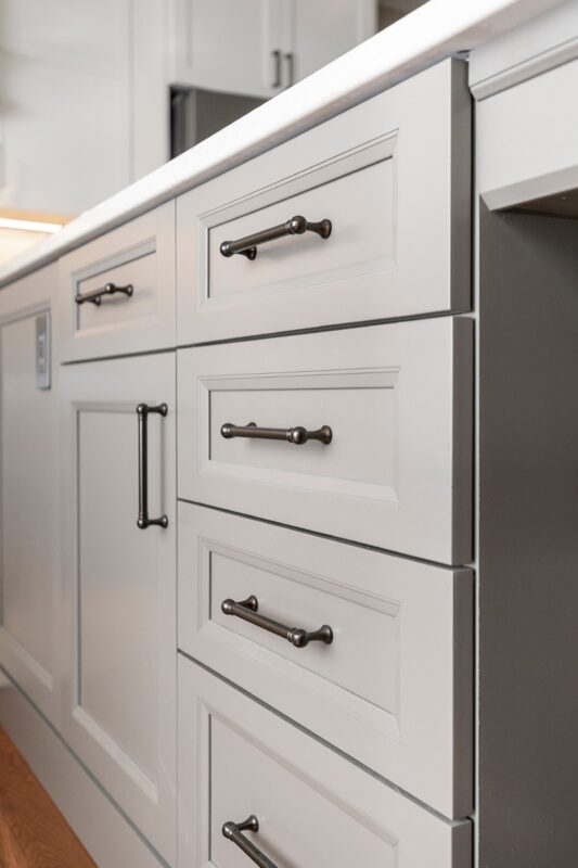 Gray painted island cabinets