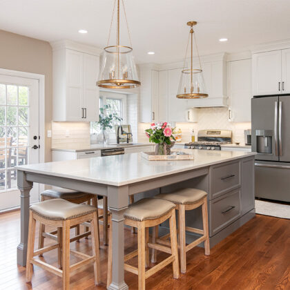 Painted kitchen cabinets. White perimeter and gray island.