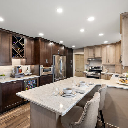 Kitchen cabinets stained in light Montana and rich Espresso stains on maple.