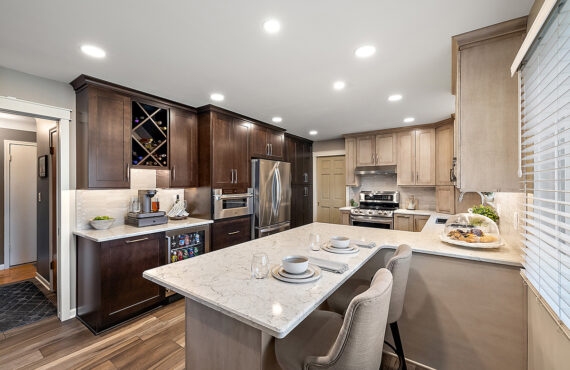 Kitchen cabinets stained in light Montana and rich Espresso stains on maple.