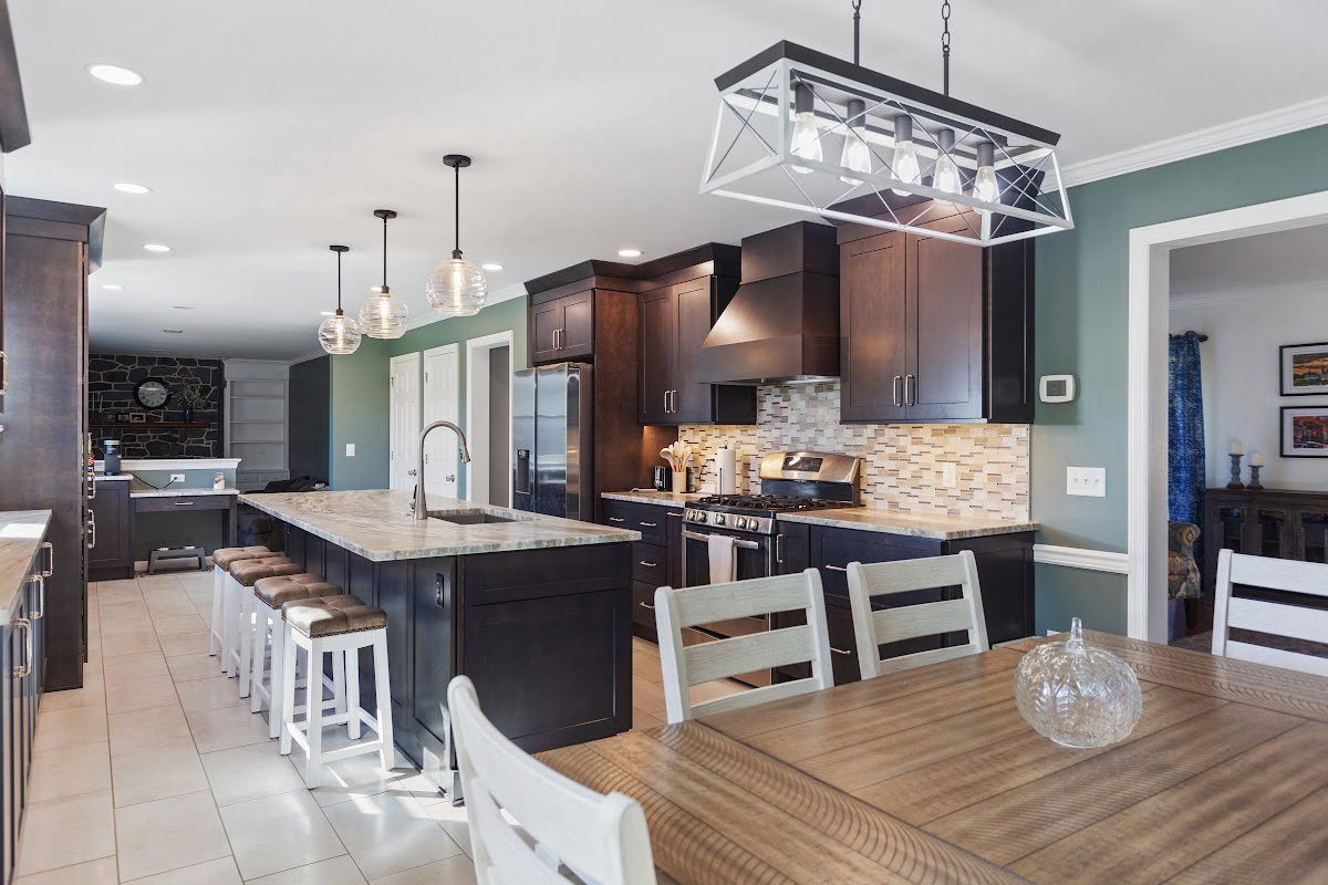 Dark stained kitchen cabinets in a galley kitchen space