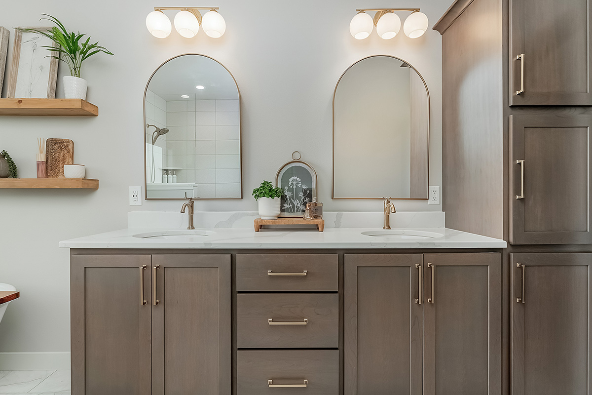 Stained double sink bathroom vanity