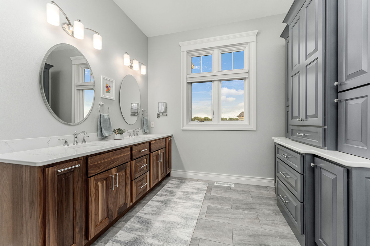 Stained and painted bathroom cabinets.
