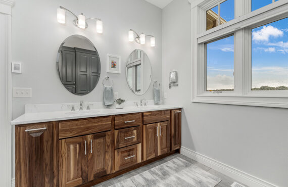Stained bathroom cabinets.