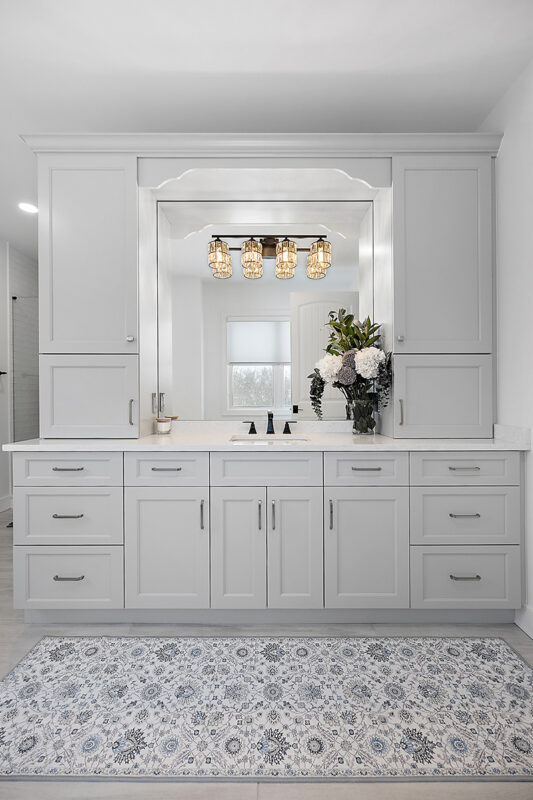 Light gray painted bathroom vanity
