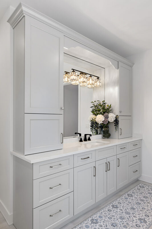 Light gray painted bathroom vanity