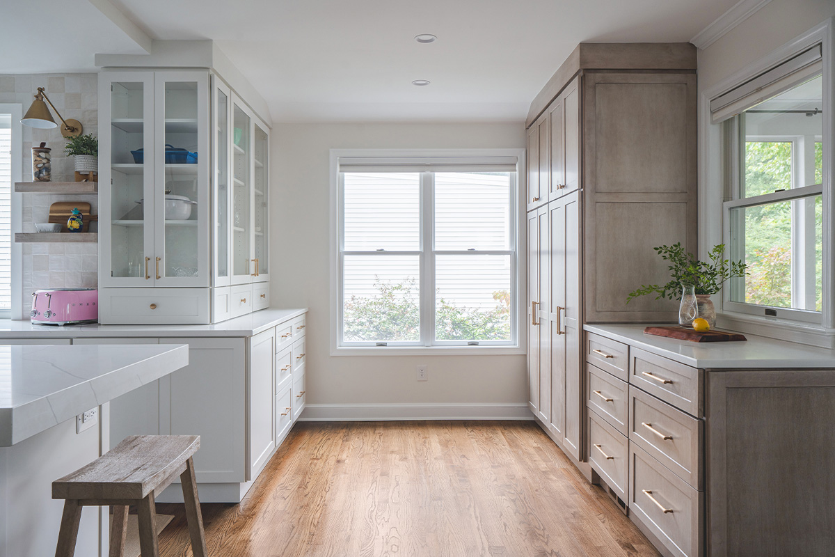 white and brown kitchen cabinets