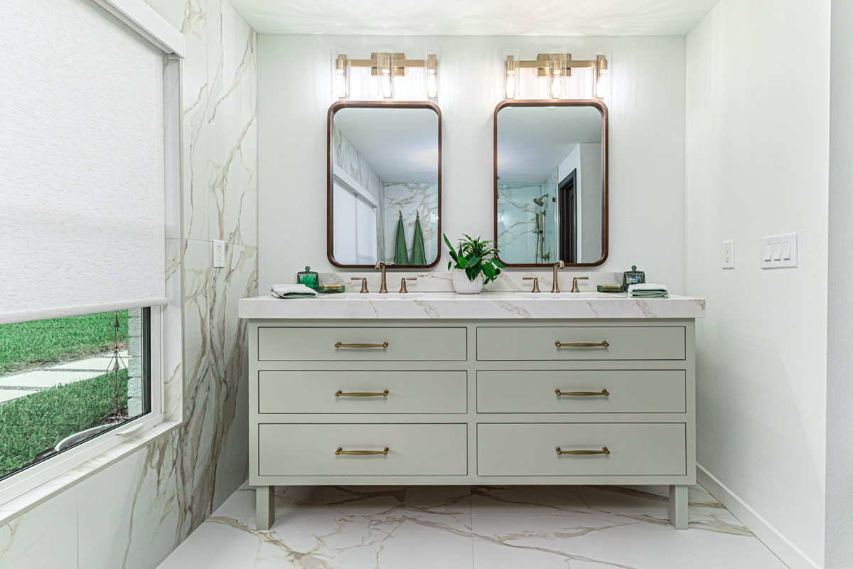Painted furniture style master bath vanity.