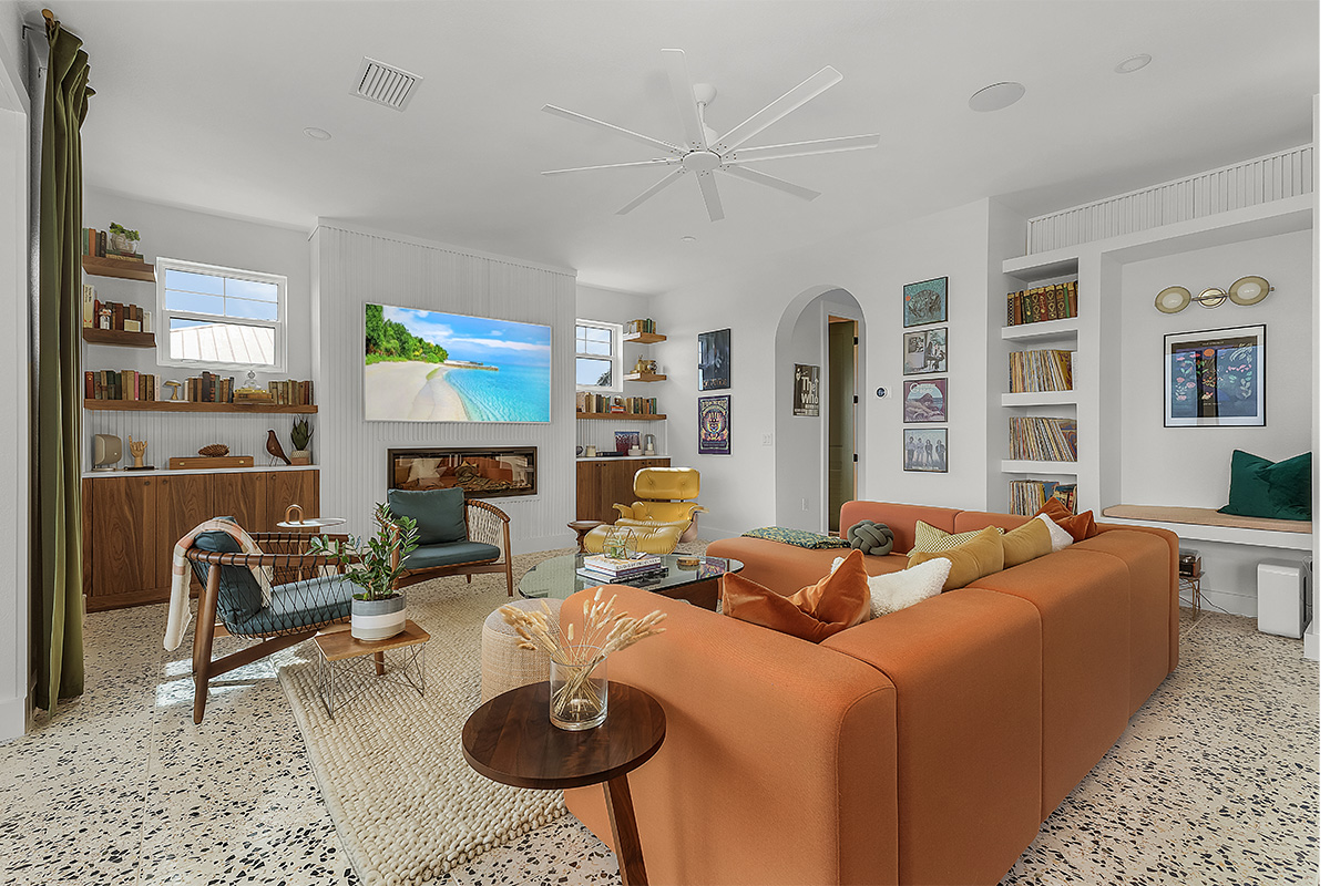 Living room space with walnut natural cabinets