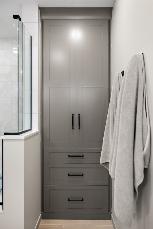 Gray bathroom linen cabinet