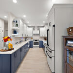 Blue and white painted kitchen cabinets