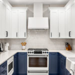 Blue and white painted kitchen cabinets