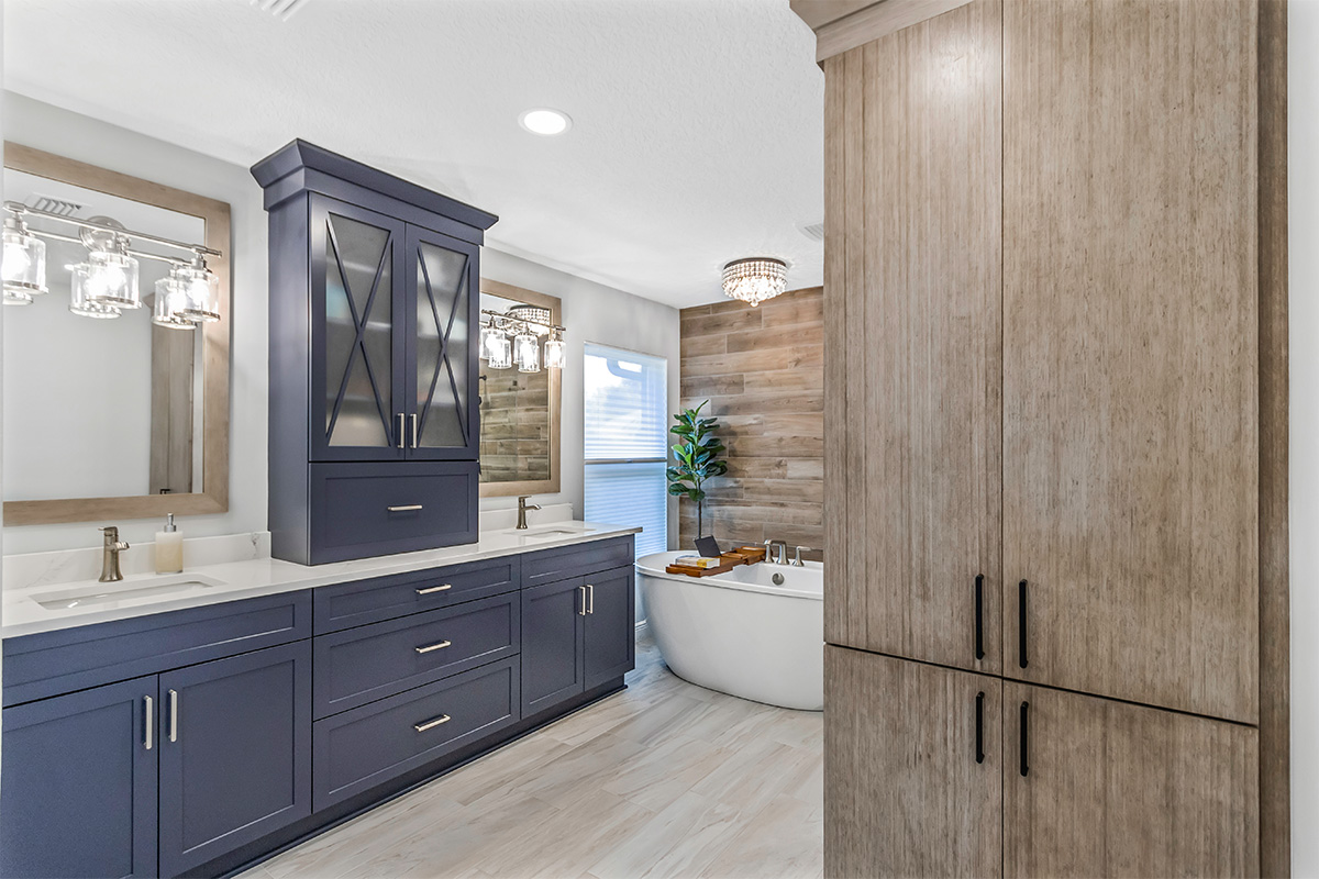Blue bathroom vanity with Bamboo accent linen cabinet