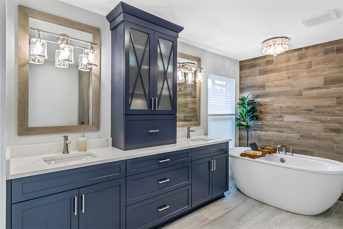 Blue bathroom vanity with standalone tub