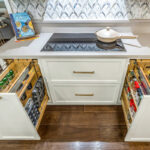 Painted and stained kitchen cabinets.