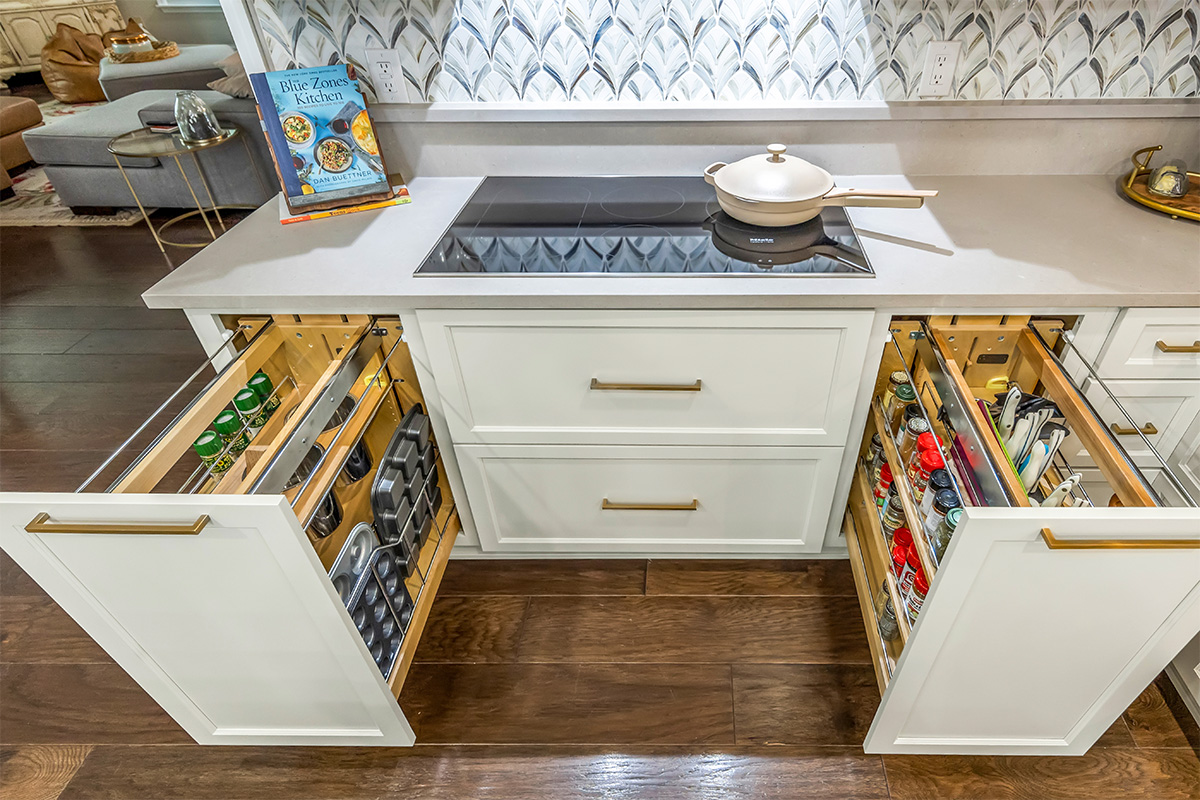 Painted and stained kitchen cabinets.