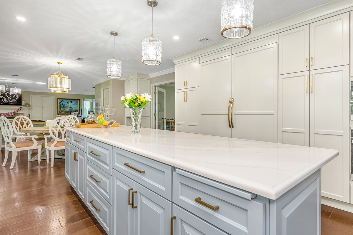 Painted and stained kitchen cabinets.