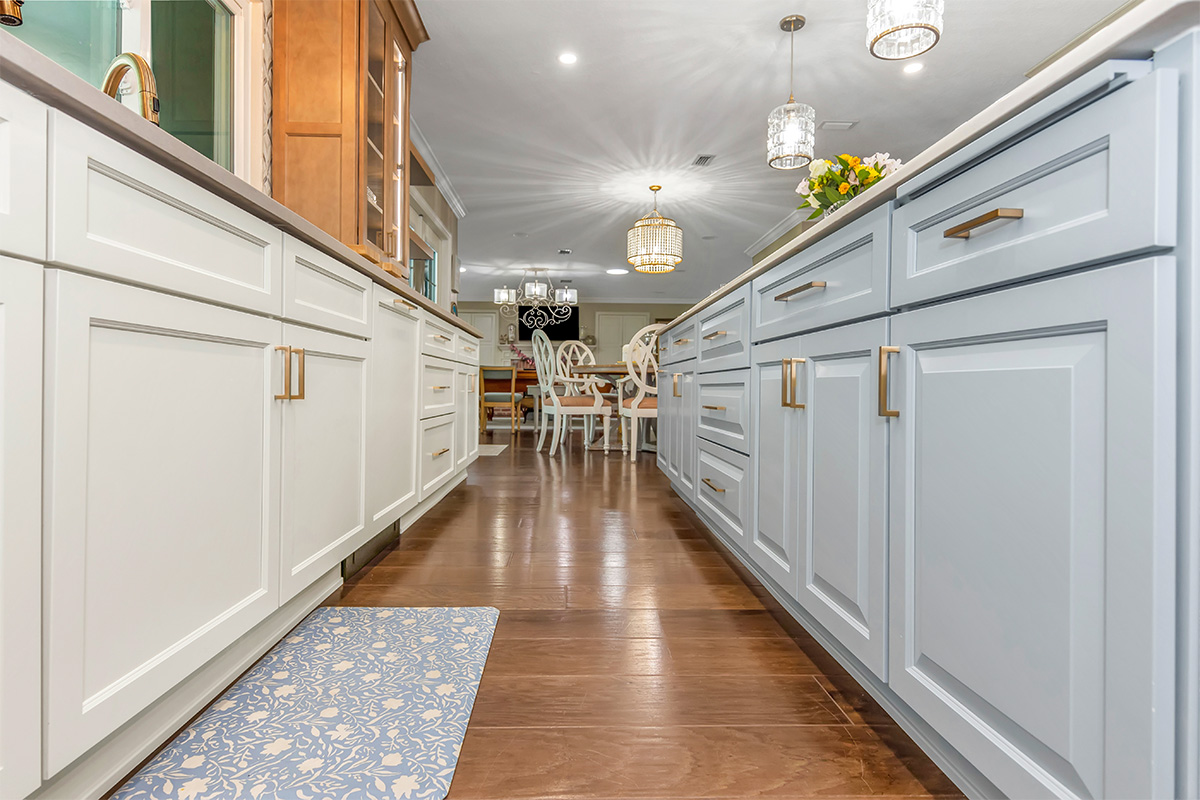 Painted and stained kitchen cabinets.