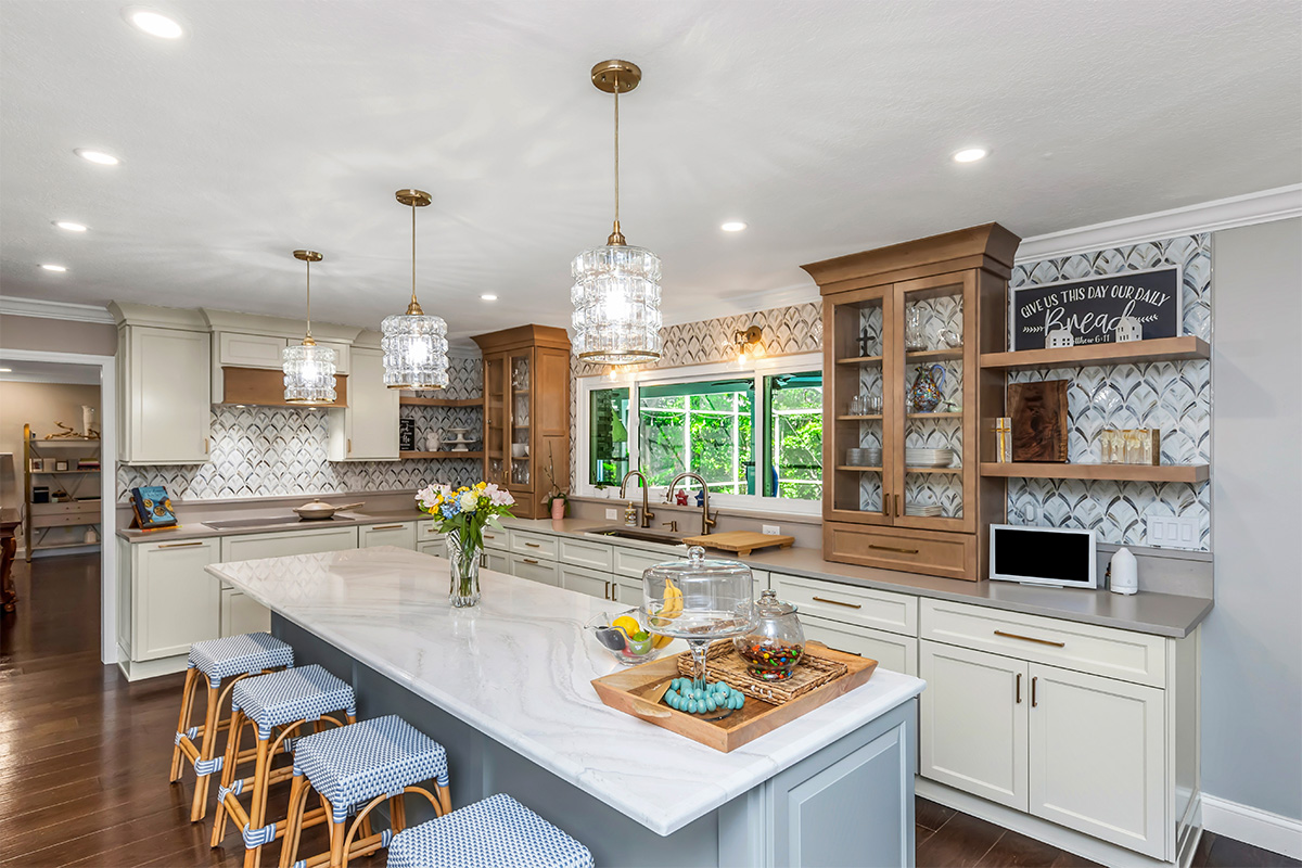Painted and stained kitchen cabinets.