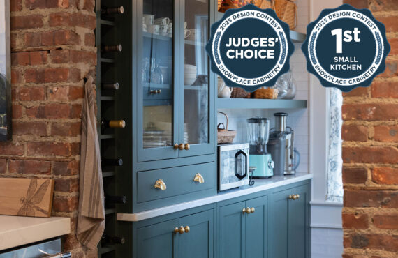 Purple painted bar cabinets with wine bottles and open shelves. Includes badge notifying that this project is a design contest winner.