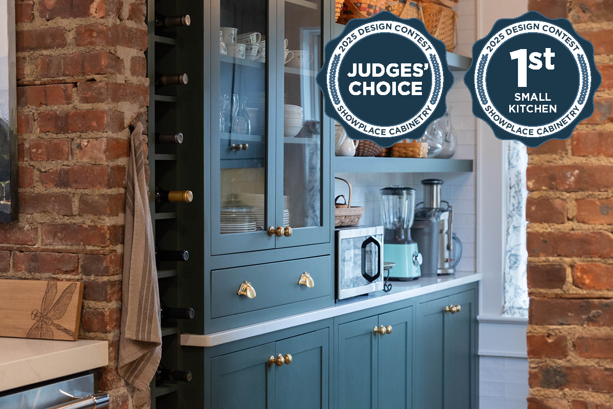 Purple painted bar cabinets with wine bottles and open shelves. Includes badge notifying that this project is a design contest winner.
