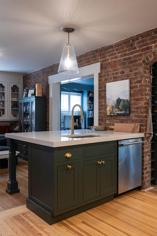 Purple painted kitchen island cabinets.