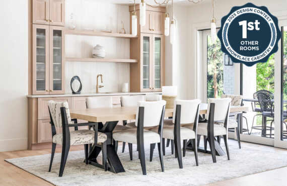 Light stained dining room serving station with table and chairs.