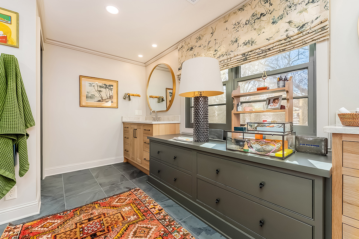 Stained and brown painted bathroom cabinets