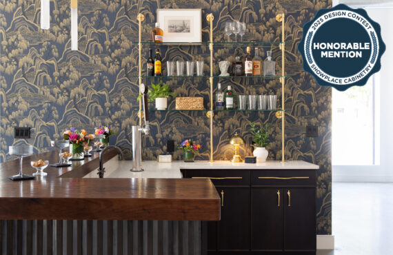 Dark stained cherry bar cabinets.