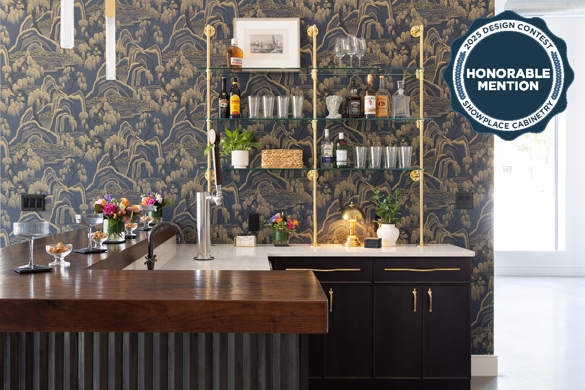 Dark stained cherry bar cabinets.