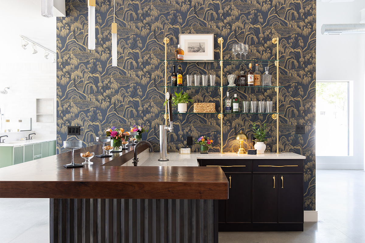 Dark stained cherry bar cabinets.