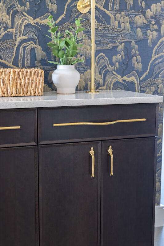 Dark stained cherry bar cabinets.