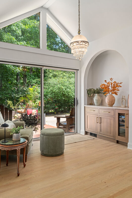 Stained white oak cabinet in a living room space.