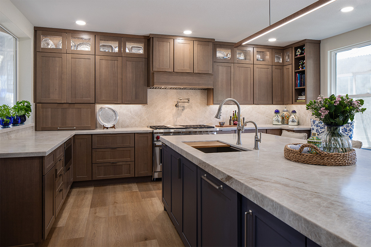 Brown-stained kitchen cabinets.