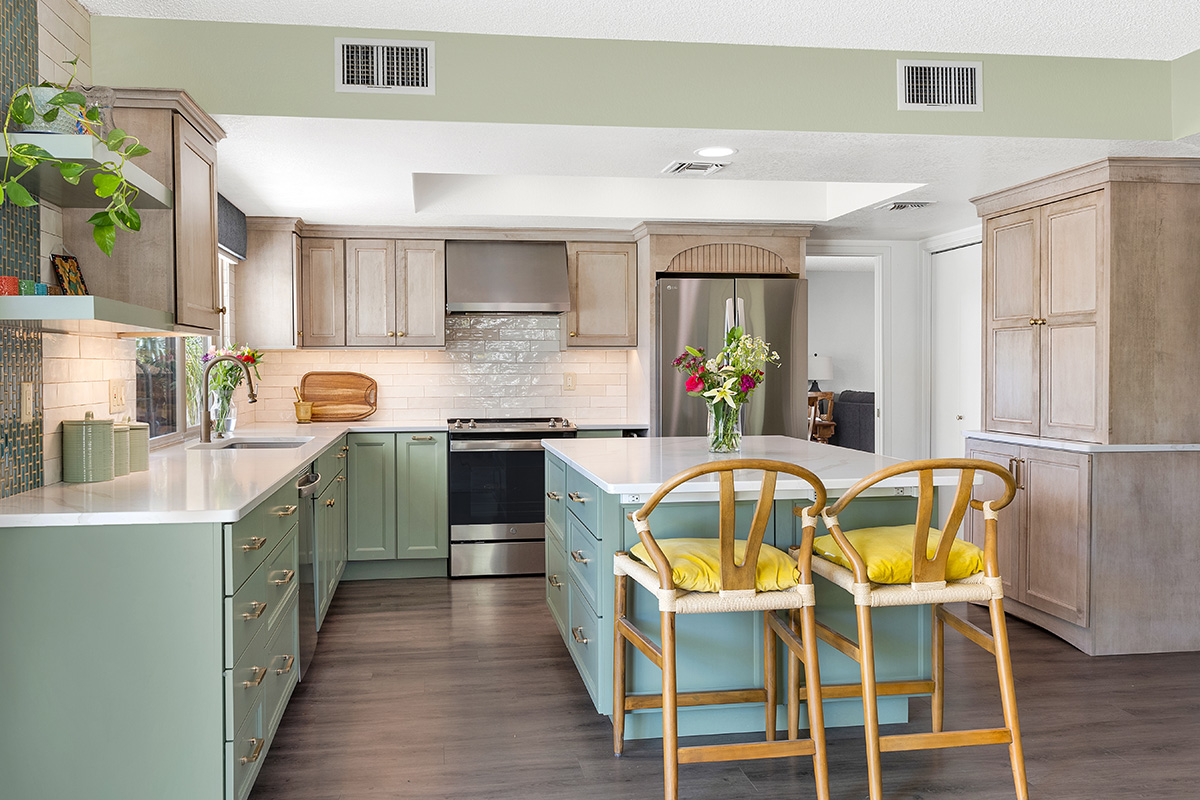 Light green and light brown stained kitchen