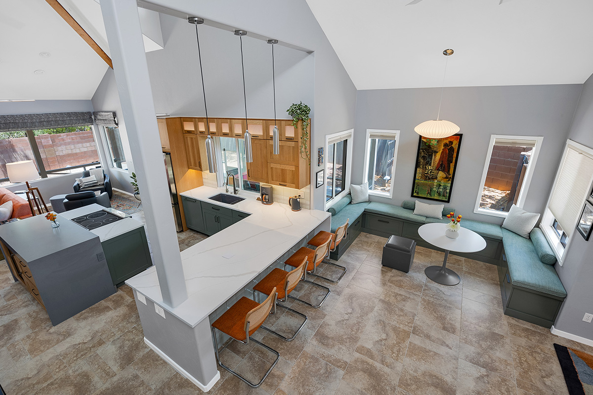 Light brown and painted gray kitchen