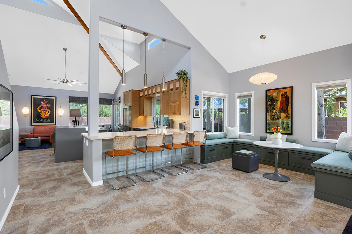 Light brown and painted gray kitchen